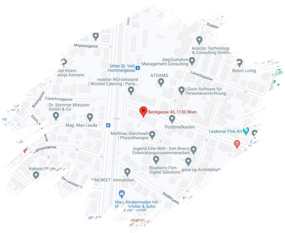 Ein Ausschnitt eines Straßenplans auf dem die Adresse Beckgasse 43, 1130 Wien markiert ist.